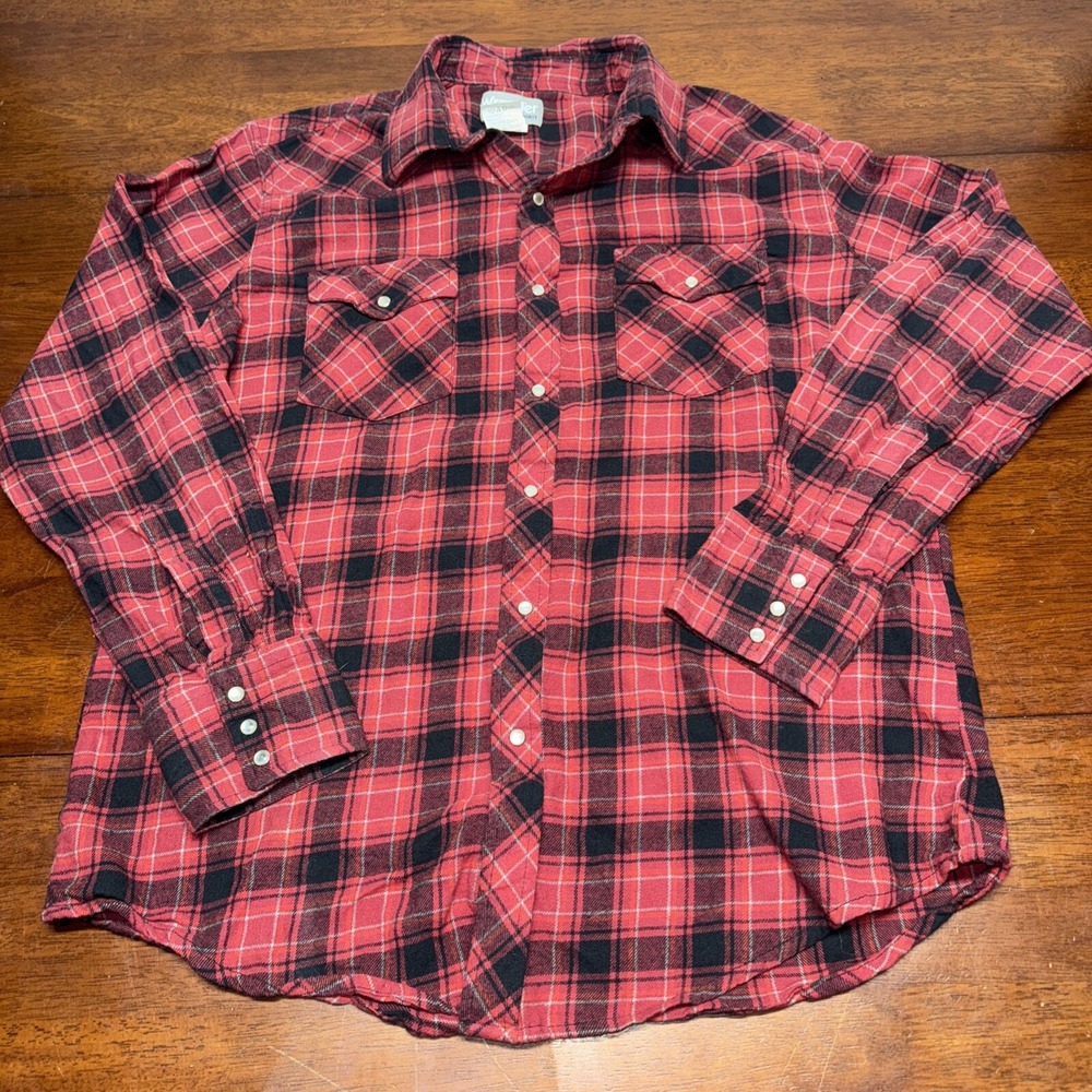 Wrangler Wrancher Shirt Men's Large Red‎ Plaid Flannel Pearl Snap Long Sleeve